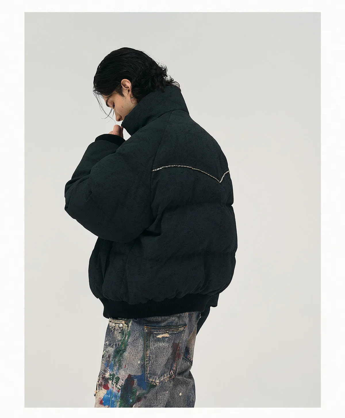 Textured Down Jacket With Rhinestones