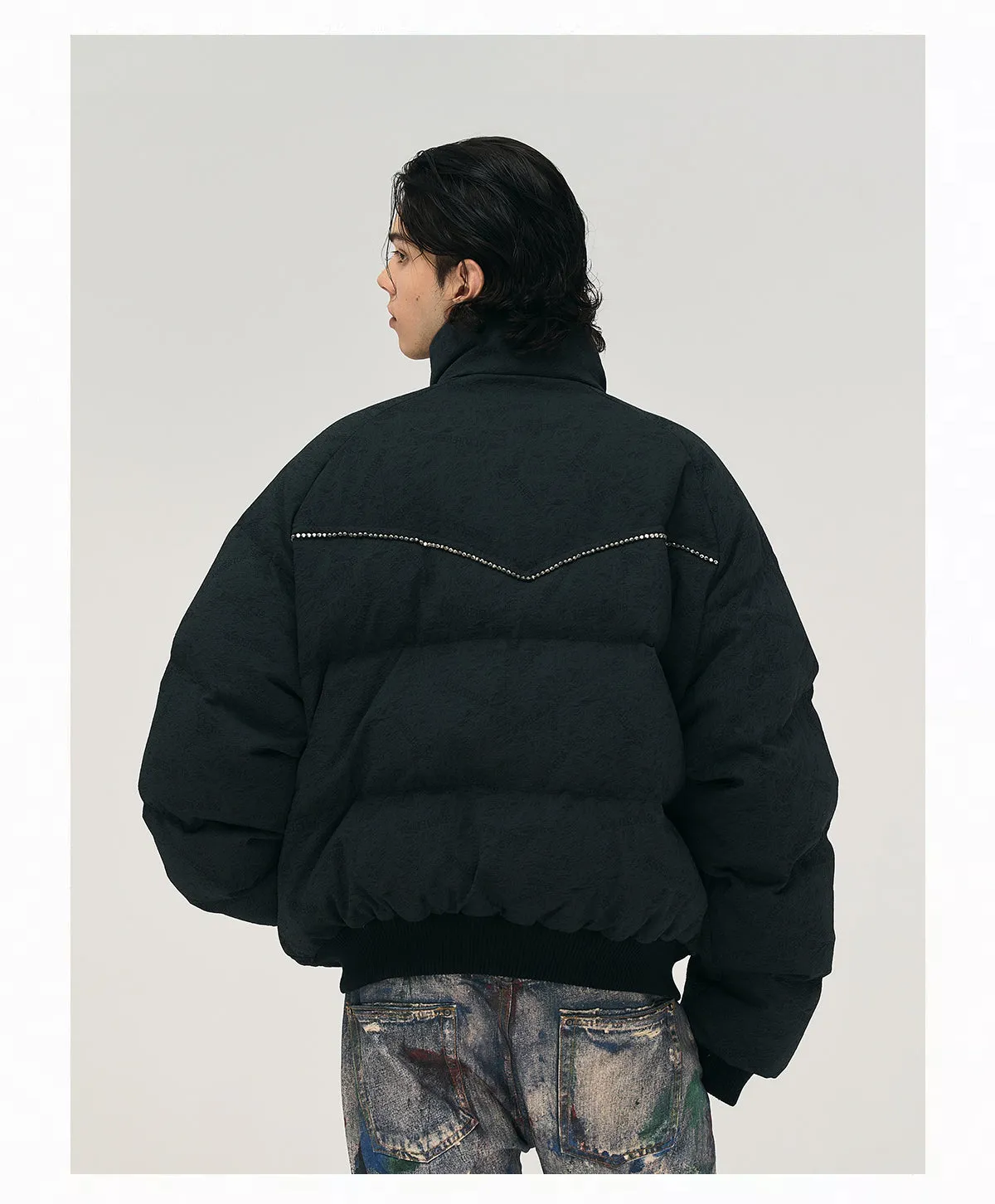 Textured Down Jacket With Rhinestones
