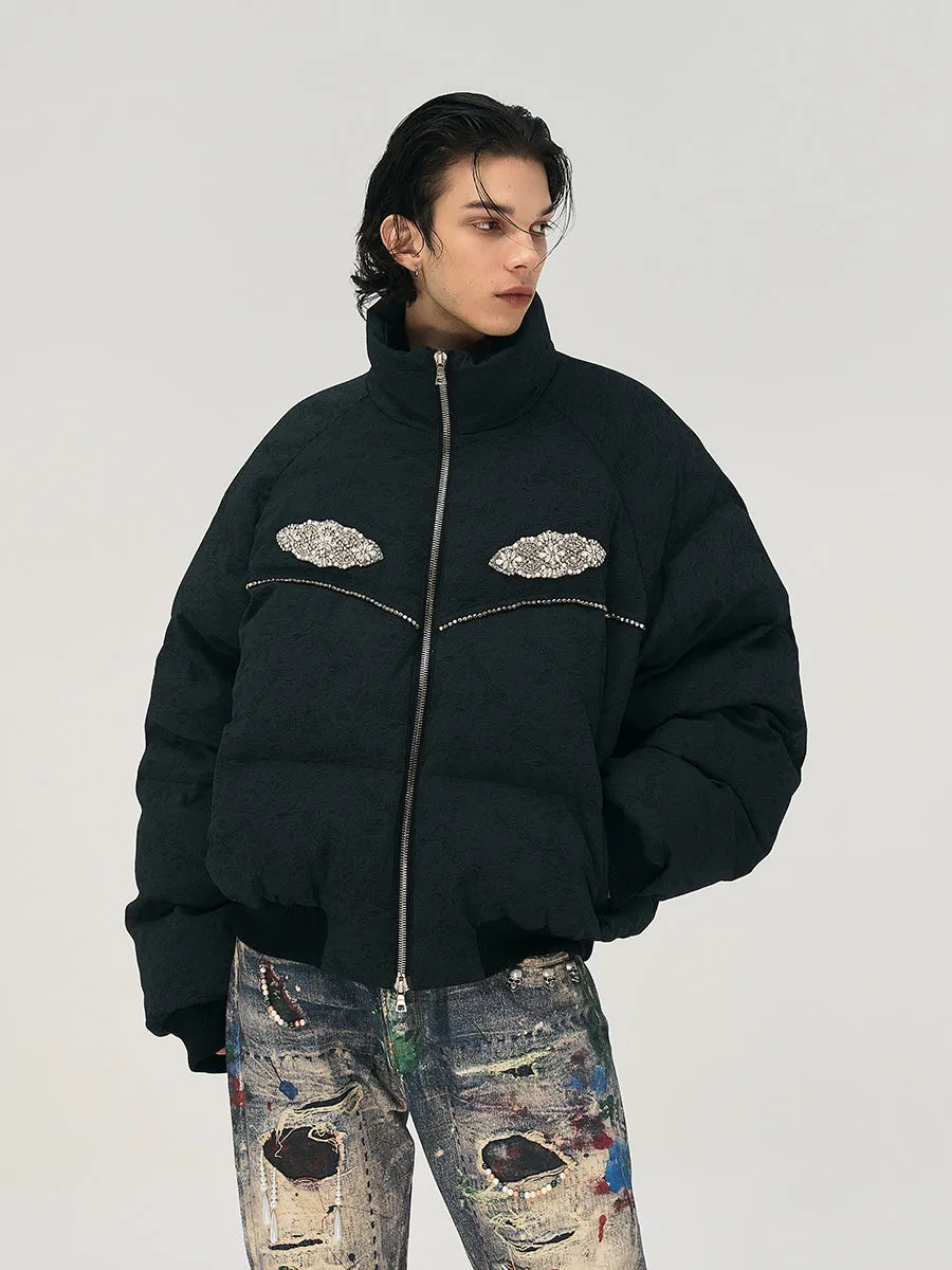Textured Down Jacket With Rhinestones