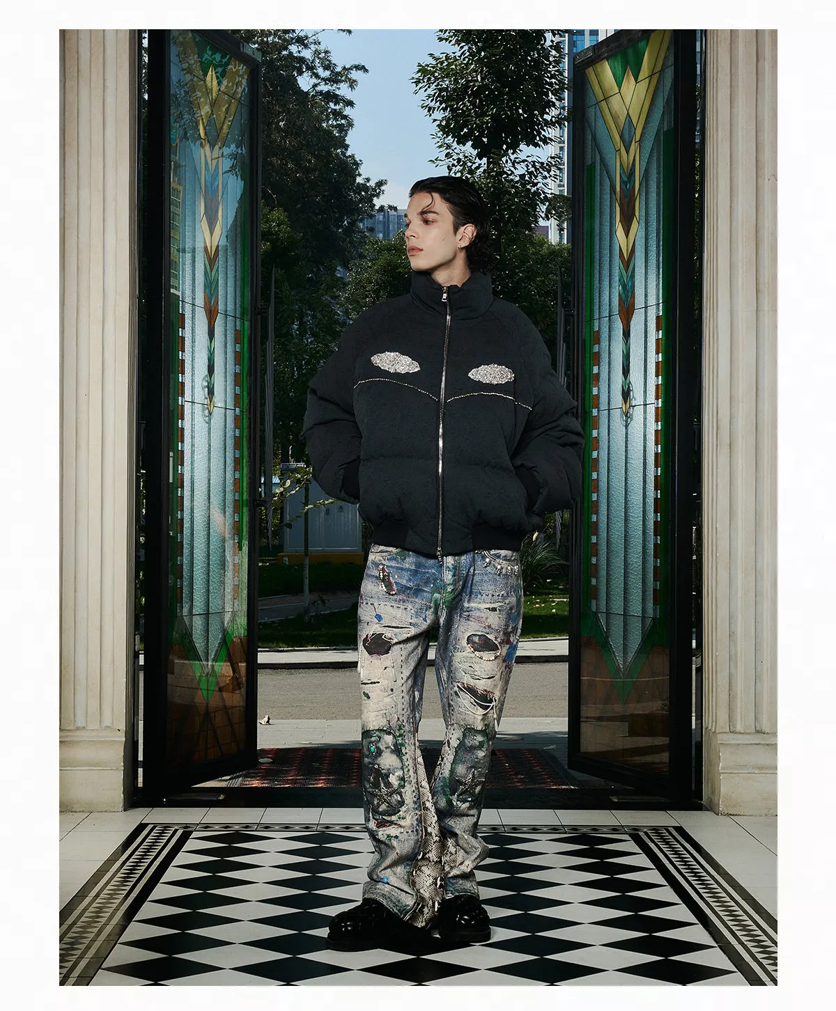 Textured Down Jacket With Rhinestones