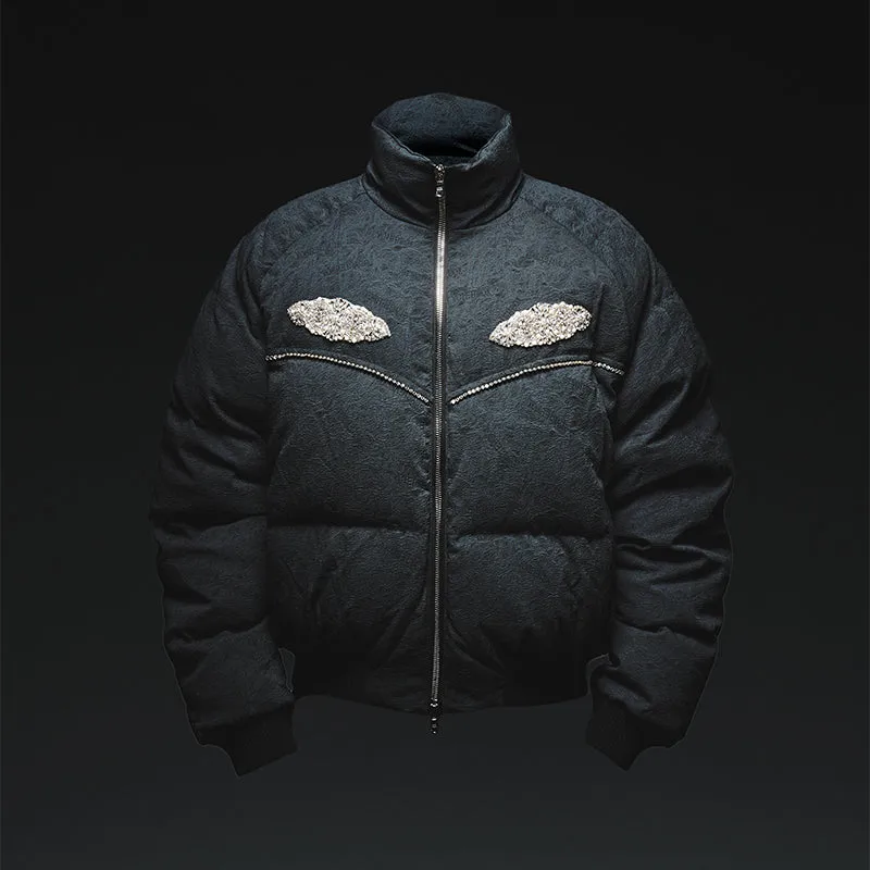 Textured Down Jacket With Rhinestones