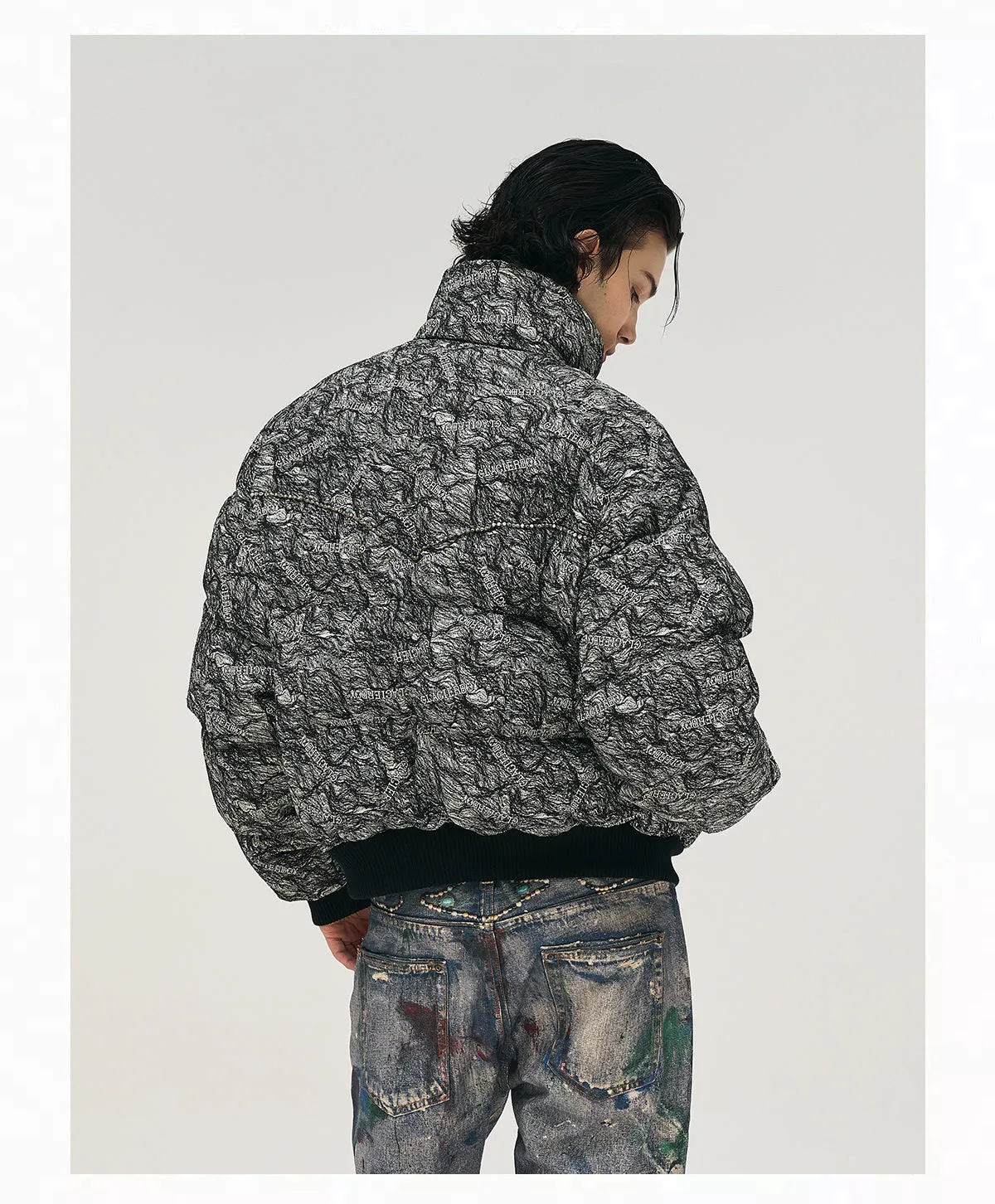 Textured Down Jacket With Rhinestones